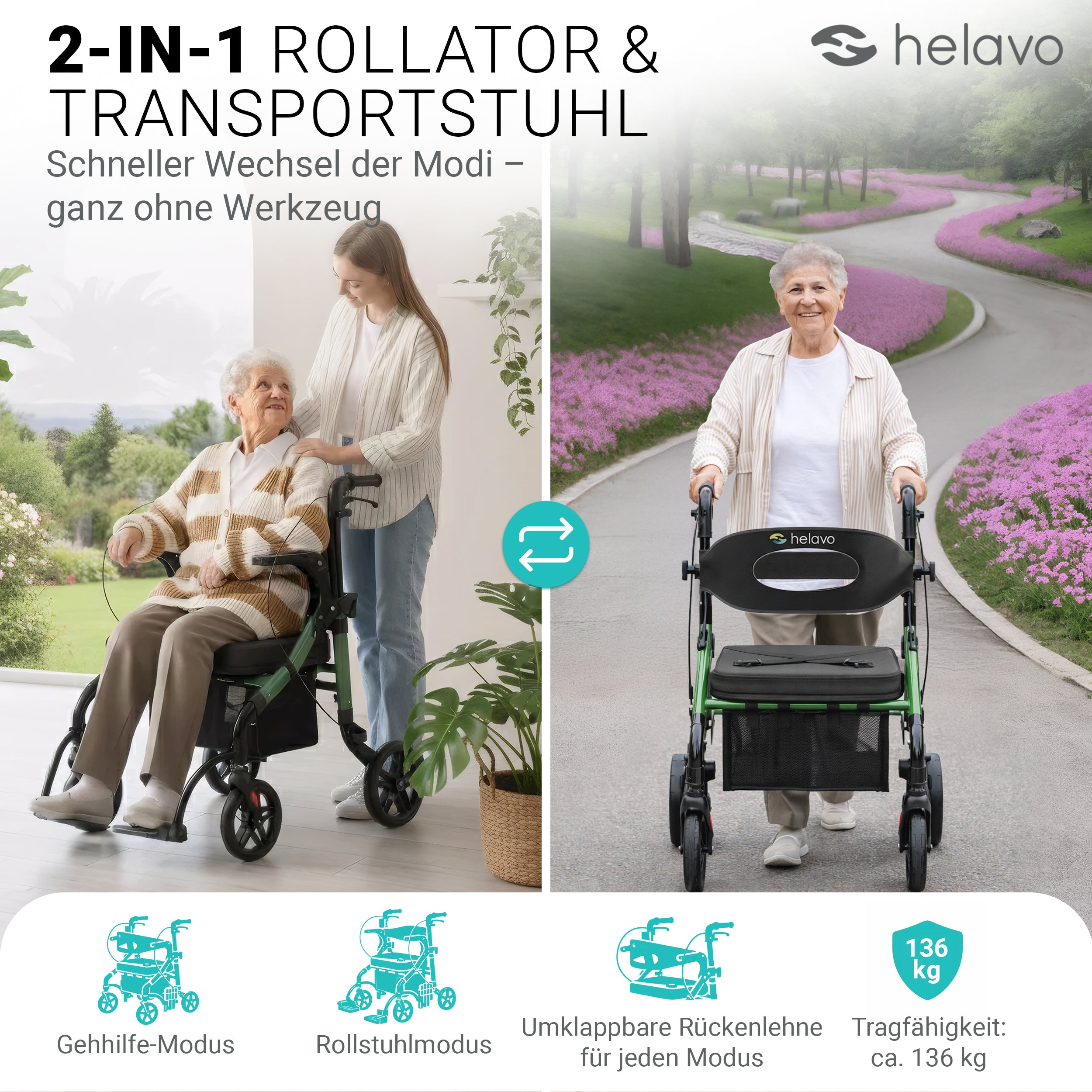 2-in-1 Rollator & Wheelchair H1170 Green