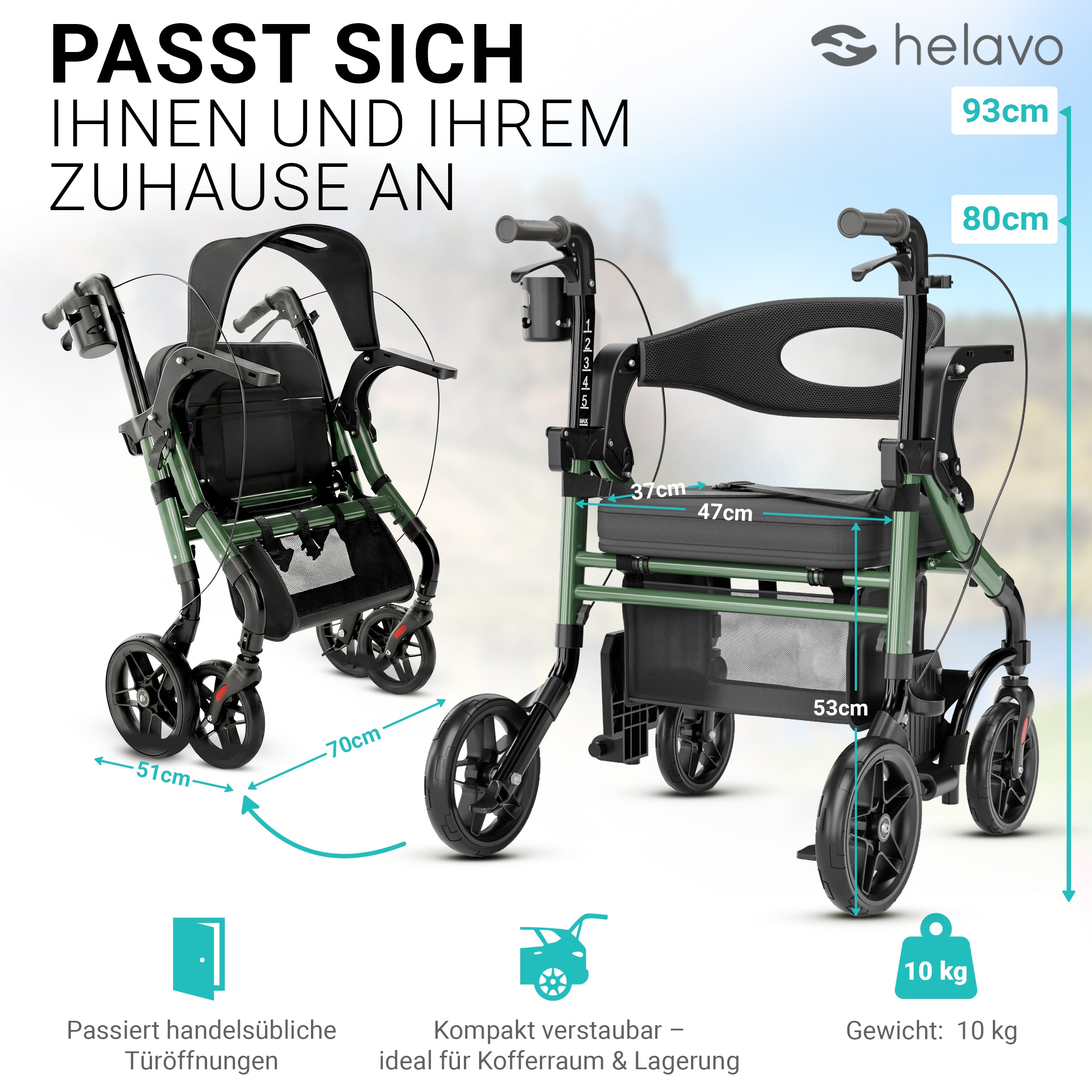 2-in-1 Rollator & Wheelchair H1170 Green