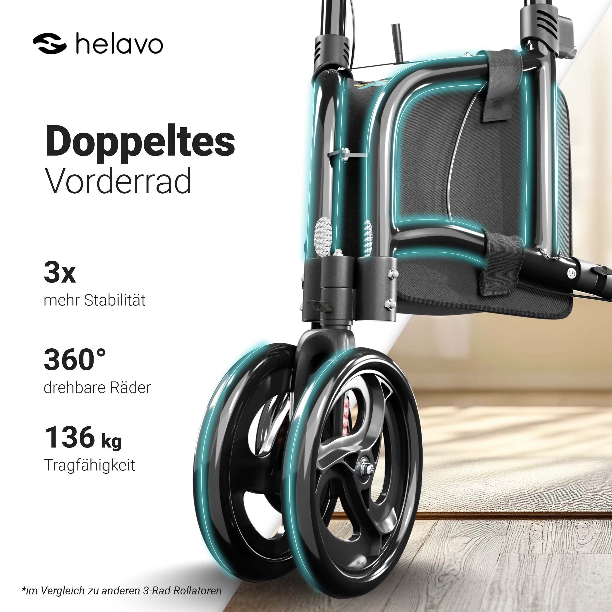 3 Wheel Rollator Narrow with Double Front Wheels H1080 Black 