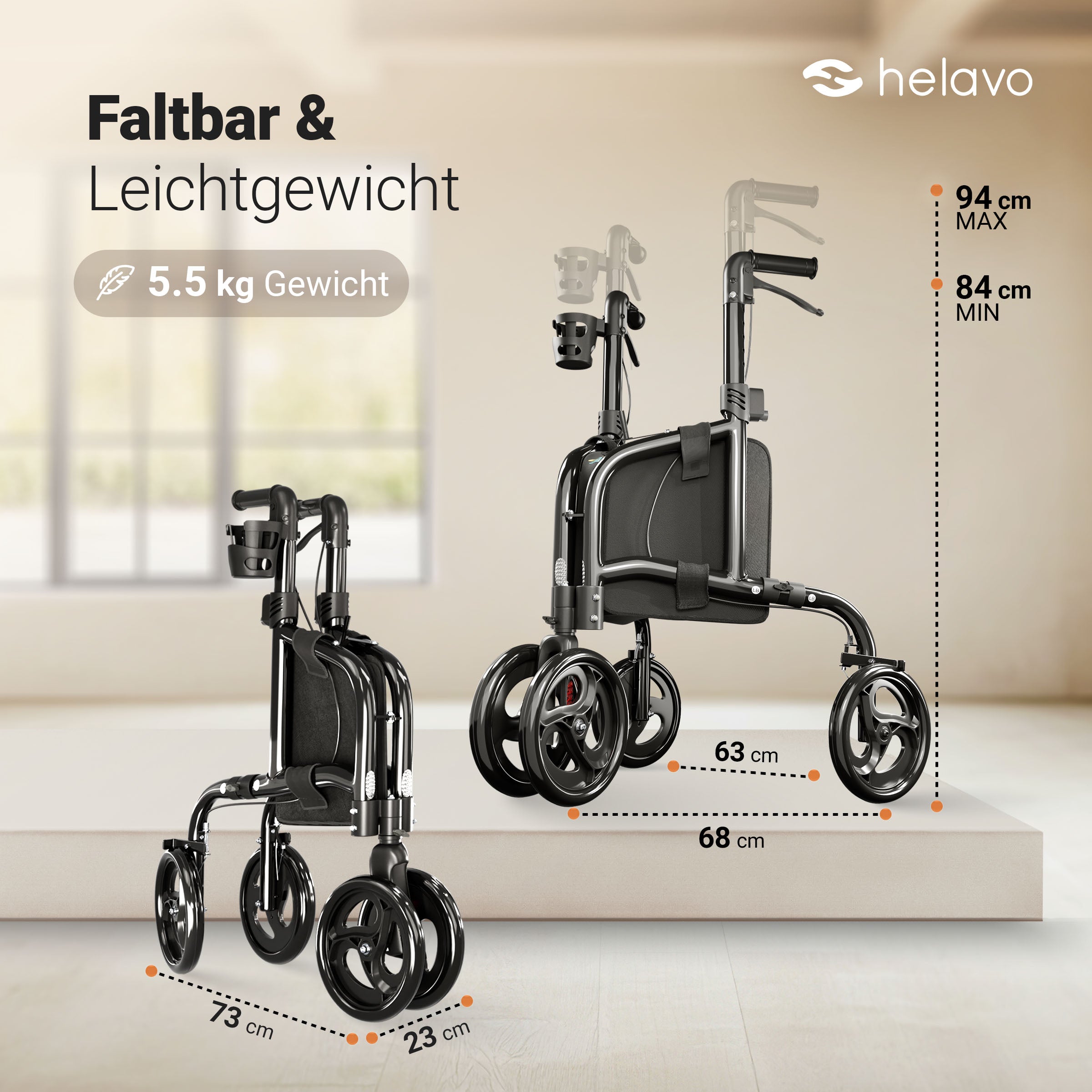 3 Wheel Rollator Narrow with Double Front Wheels H1080 Black 