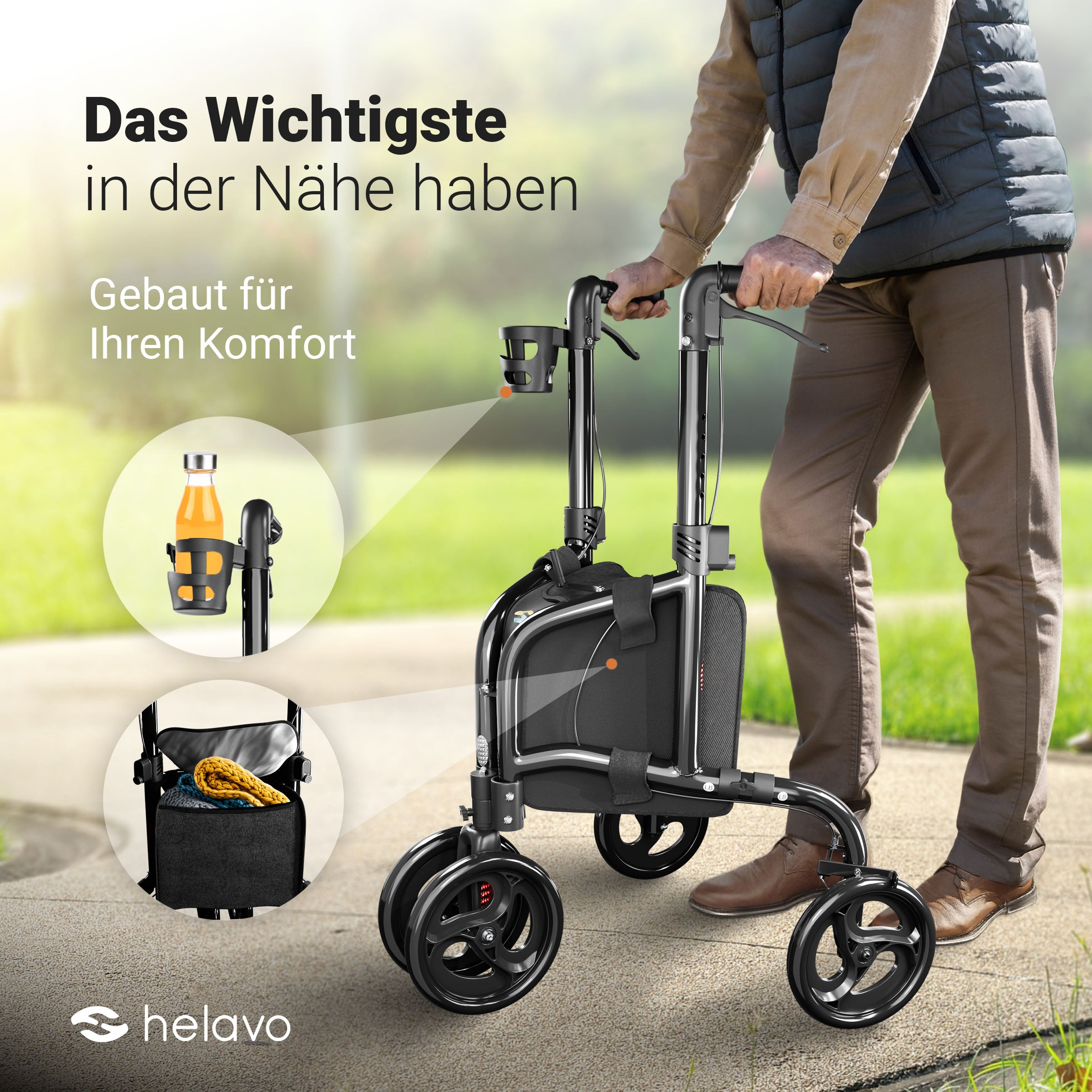 3 Wheel Rollator Narrow with Double Front Wheels H1080 Black 